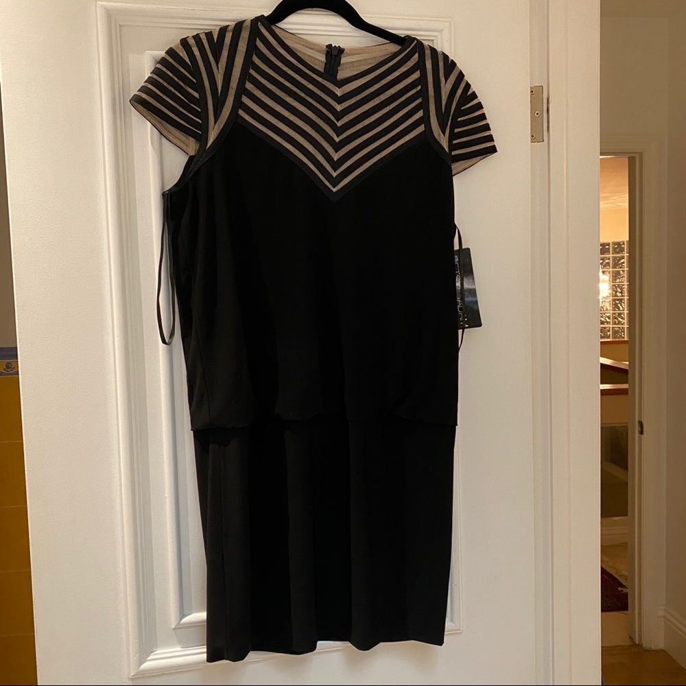 Betsy Adam Black Cap-Sleeve Mesh Cocktail Dress